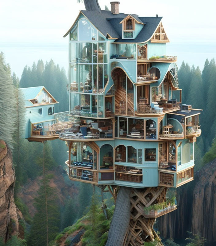 Fantasy treehouse with glass windows and balconies in forest