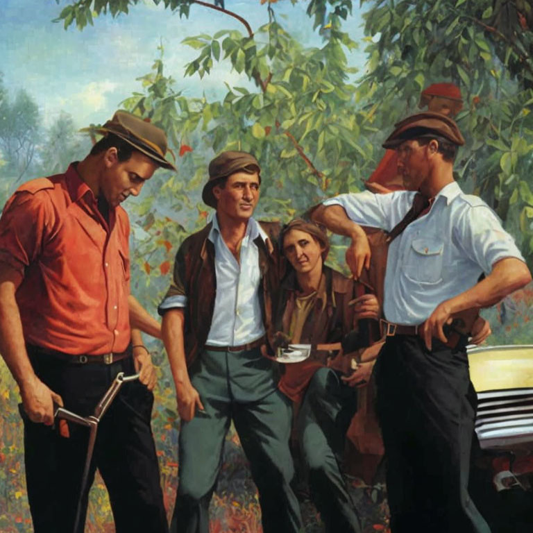 Four people in work attire conversing in an orchard, one with gardening shears.