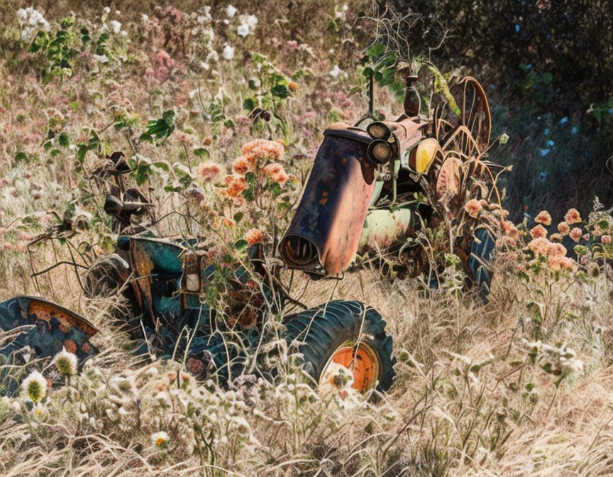 Abandoned rusty tractor in field with tall grass and wildflowers