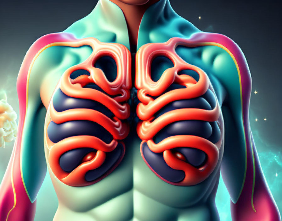 Detailed human respiratory system illustration with trachea, bronchi, and vibrant lungs on dark backdrop