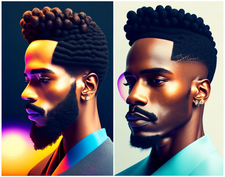 Dual stylized portraits of a man with sculpted beard and patterned hair under colorful lighting.