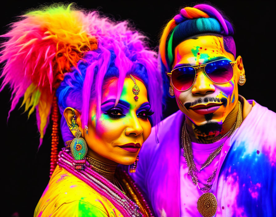 Vibrant individuals with colorful face paint and bohemian jewelry on black background