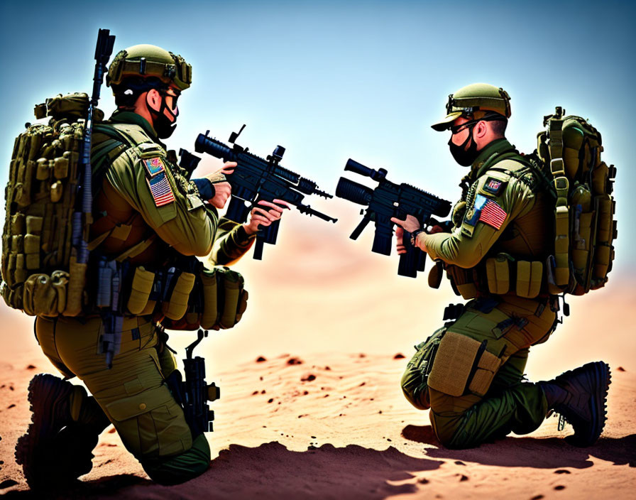 Military soldiers in desert camouflage with rifles in sandy terrain