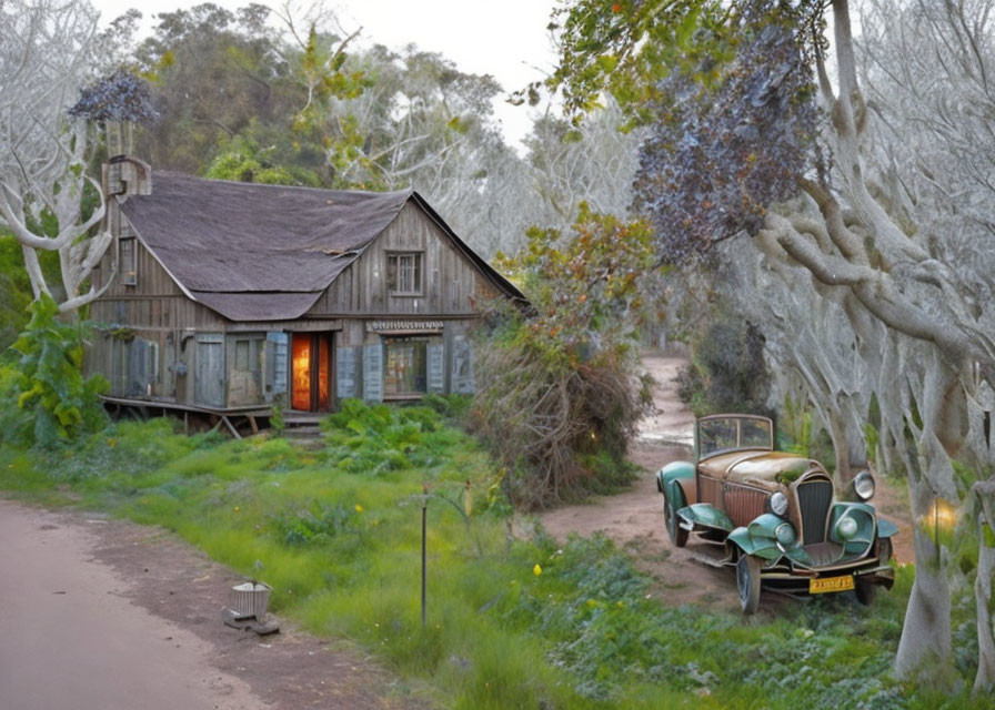 Vintage car parked outside serene forest clearing with rustic wooden house