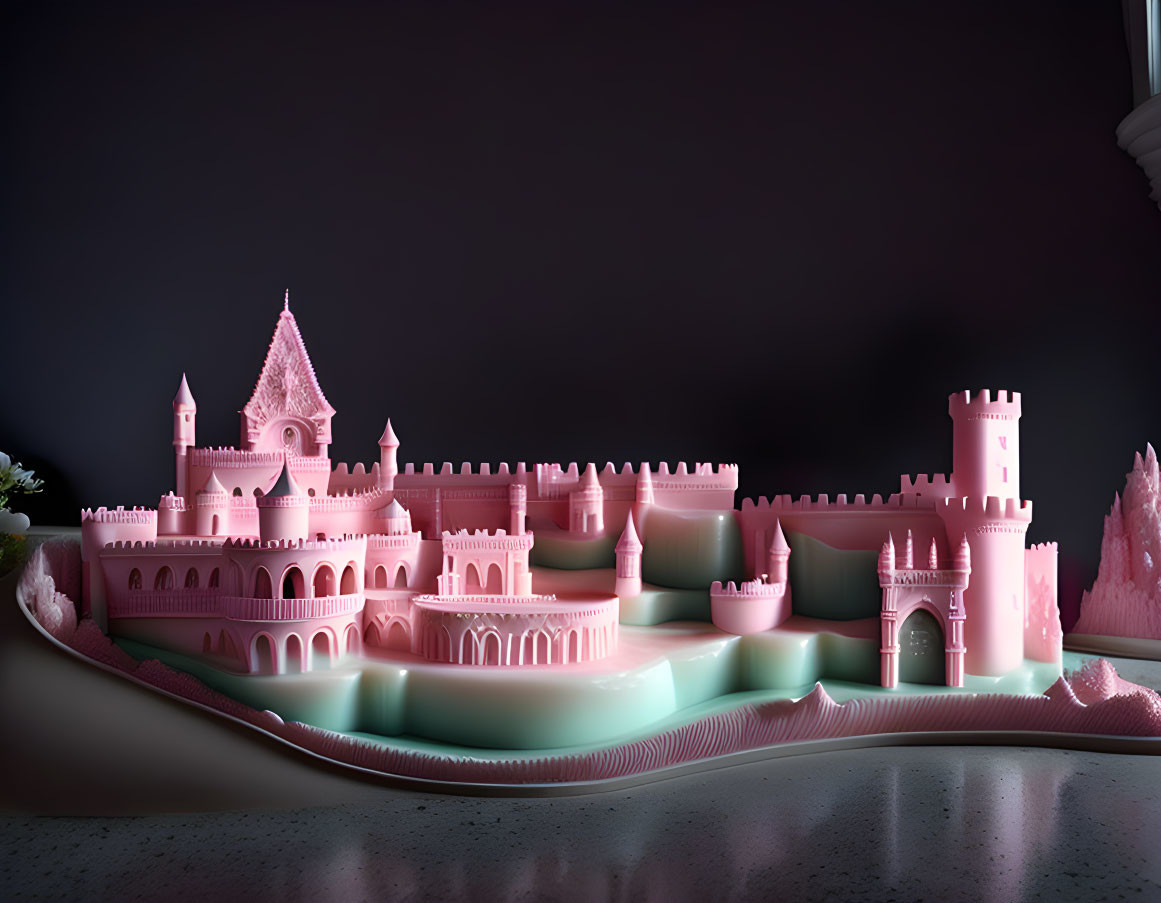 Neon-lit pink castle in surreal landscape