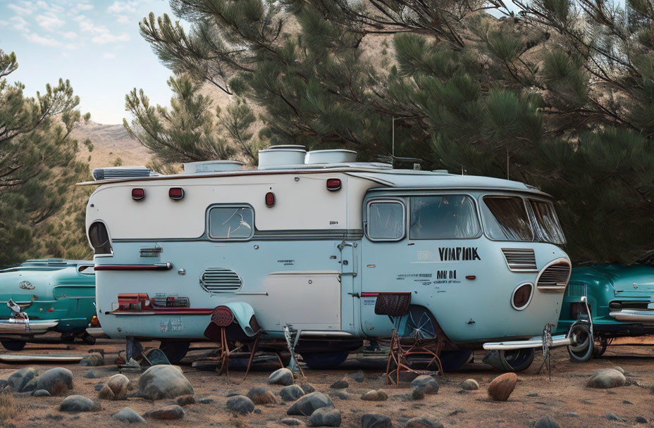 Blue and White Vintage RV with Matching Classic Car in Natural Setting