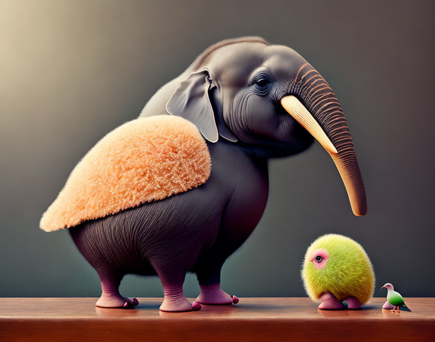 Whimsical plump elephant with bird-like body, fluffy feathers, tiny chick, and minute bird