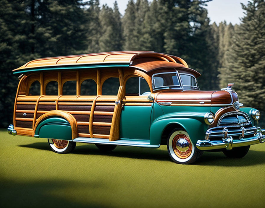 Classic Station Wagon Parked on Grass with Tree Backdrop