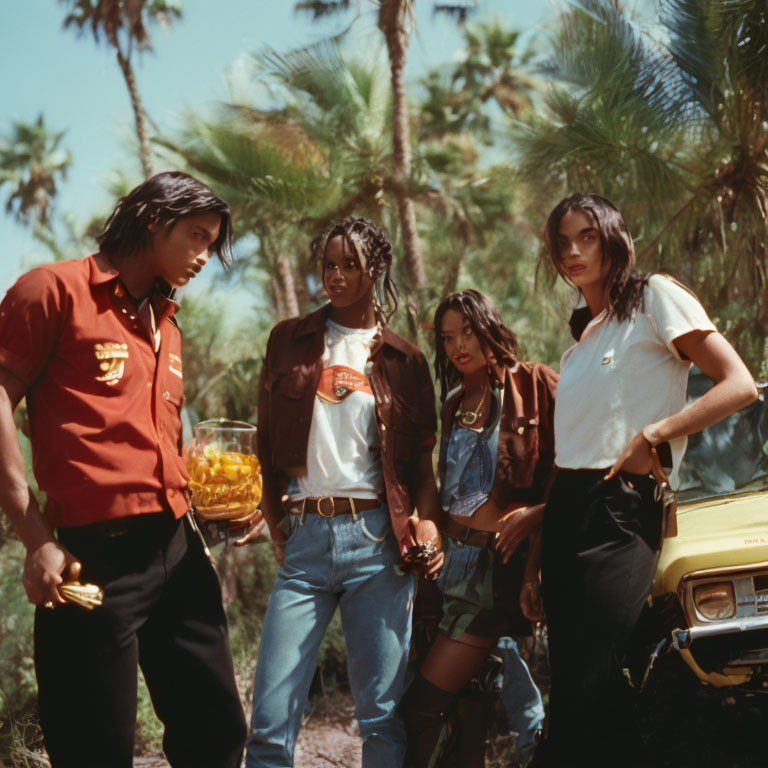 Stylish young adults posing in front of vintage yellow car and palm trees