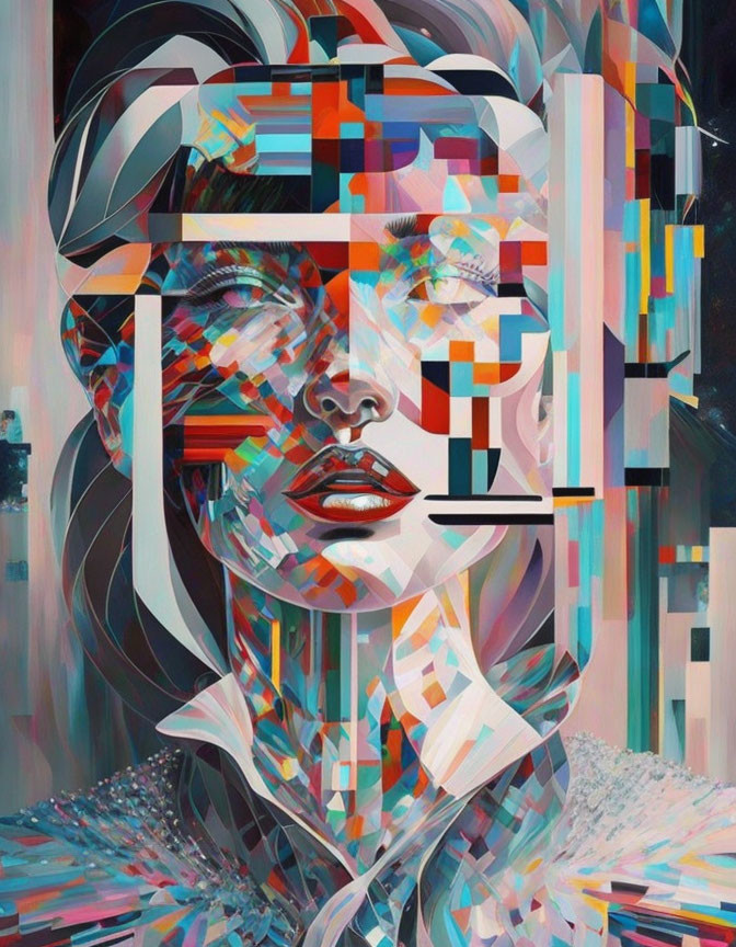 Abstract Cubist Digital Portrait of Woman with Fragmented Face