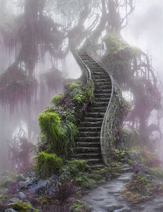 Mystical stone staircase in foggy forest with moss and vines