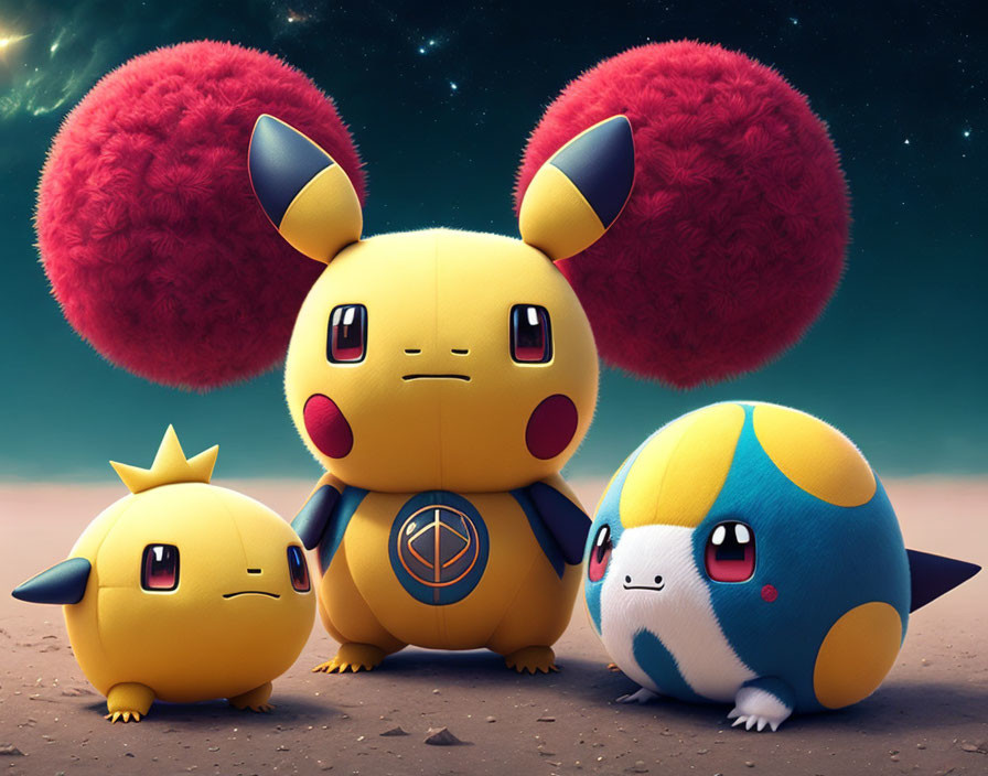 Three Pokémon characters on cosmic backdrop: Pikachu and two Pichu, one wearing a cap