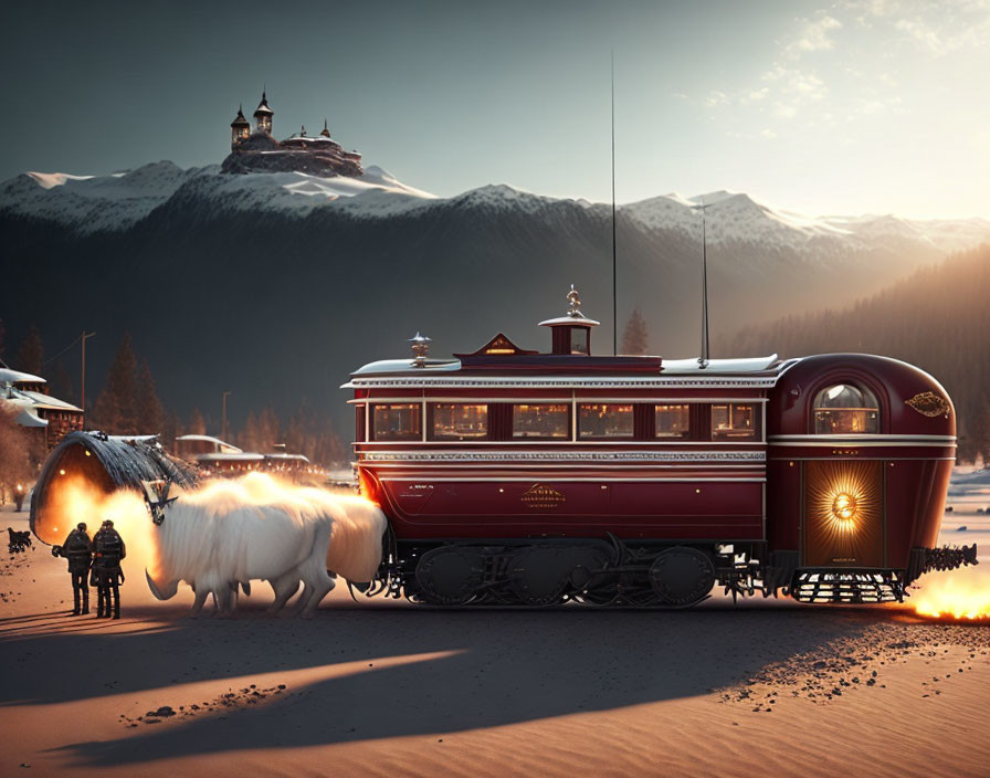 Vintage train pulled by fluffy animals in snowy landscape with mountains and castle at dusk