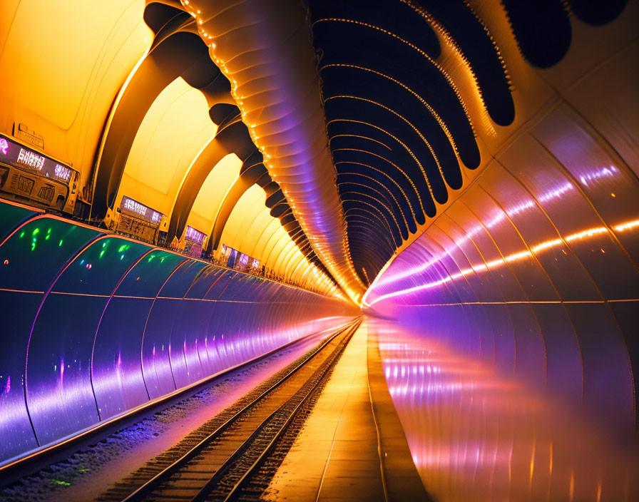 Vibrant purple and yellow lit futuristic tunnel railway scene