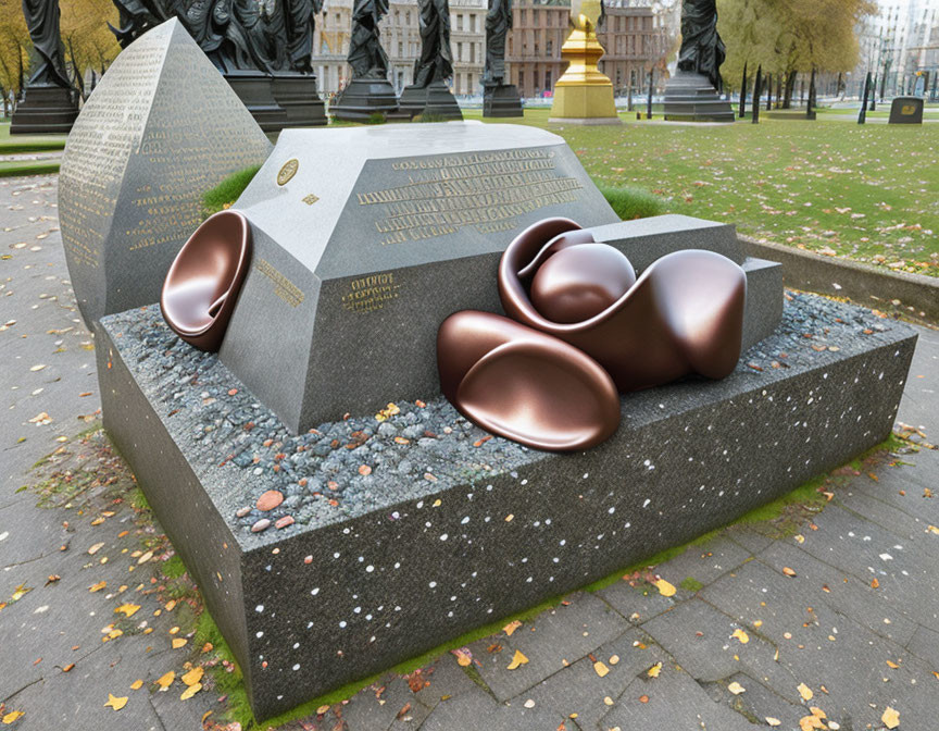 Bronze rose memorial on granite base in city park