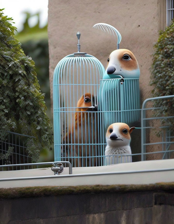 Surreal artwork: Dog faces on birds in cages, balcony setting