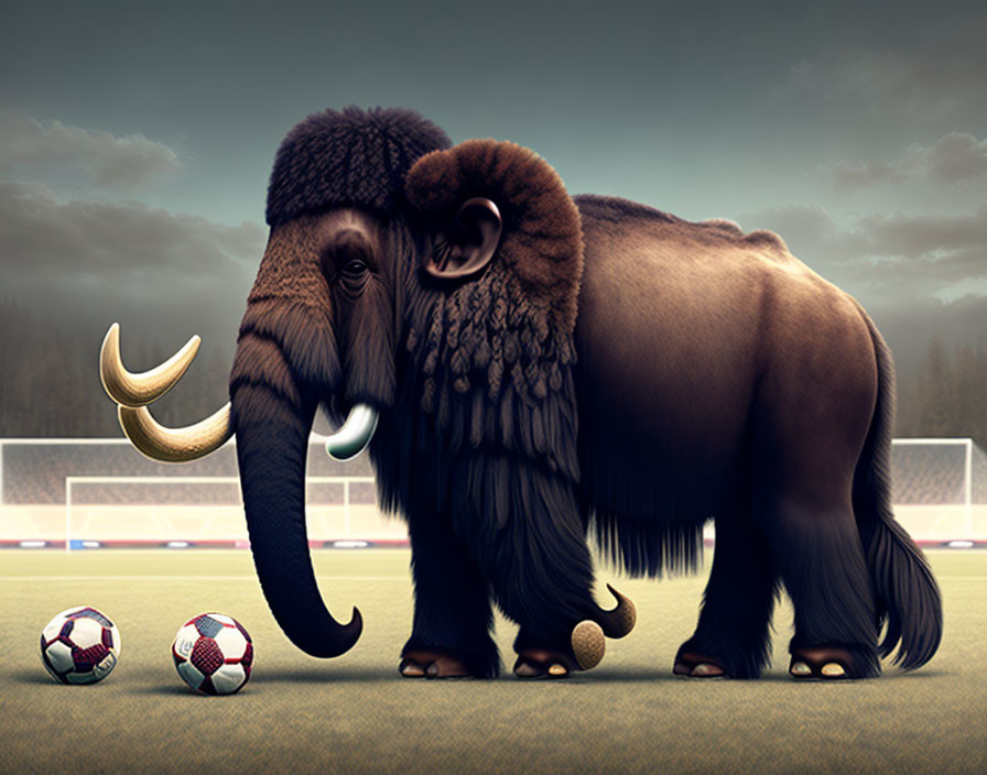 Elephant with large tusks on soccer field with balls and goalposts