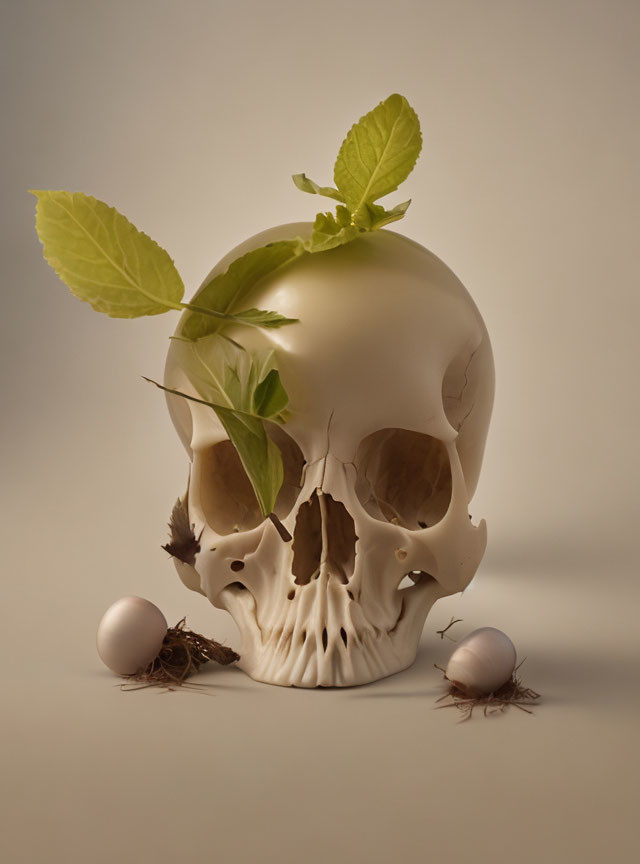 Skull with green leaves and eggs on twigs.