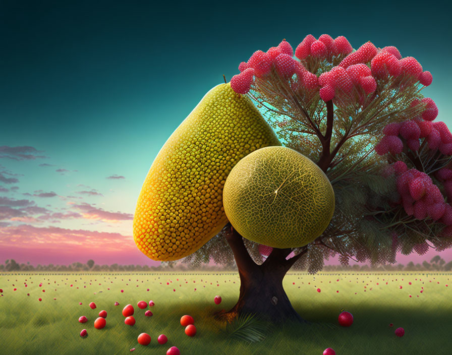 Surreal tree with pink spheres and yellow fruit-like structures in twilight scene