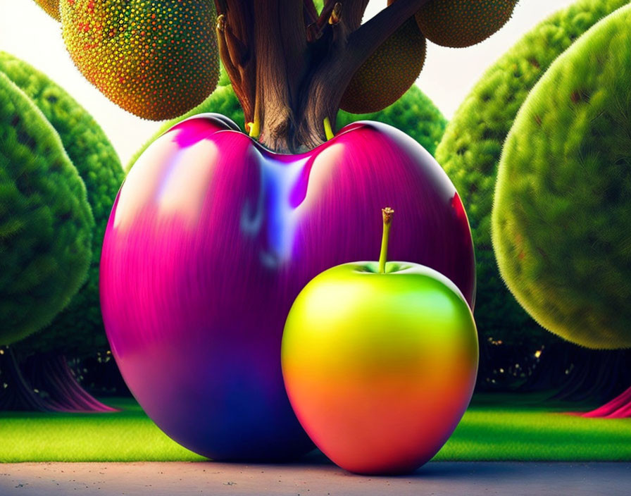 Colorful surreal scene: oversized glossy fruits against fantastical trees