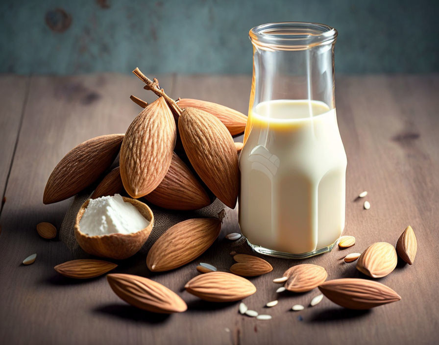 Almond Milk Glass with Whole and Cracked Almonds