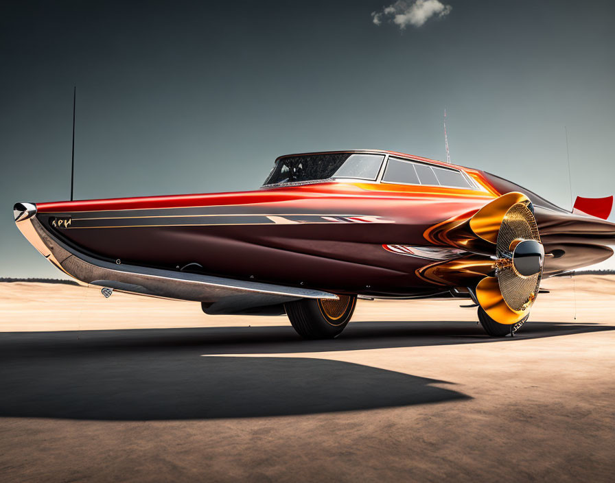 Sleek Red and Black Futuristic Vehicle with Tail Fins and Propeller on Airstrip