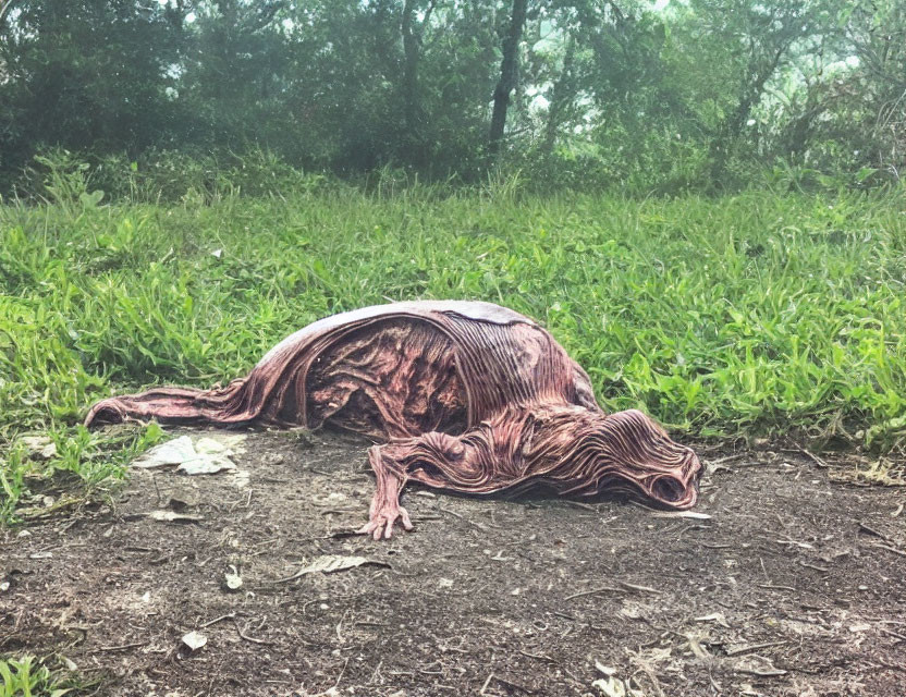 Decomposed animal carcass on parched ground with green vegetation and trees in background