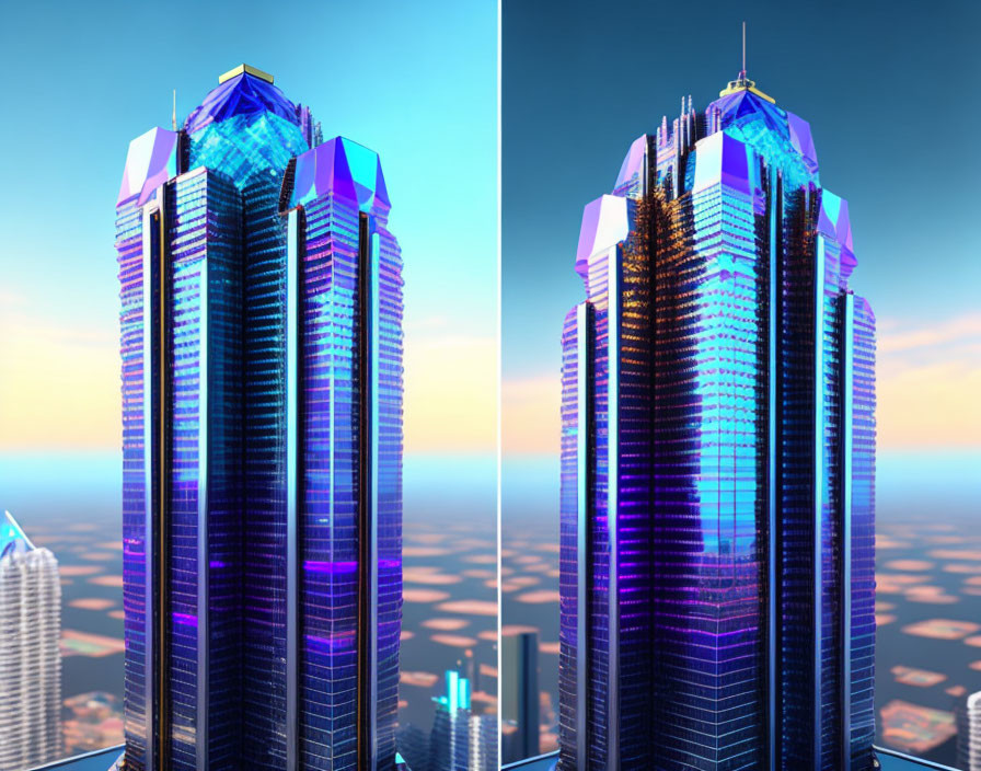 Futuristic skyscrapers at sunset with reflective glass facades