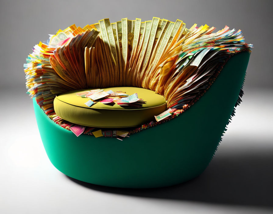 Circular Green Chair with Colorful Banknotes and Financial Documents