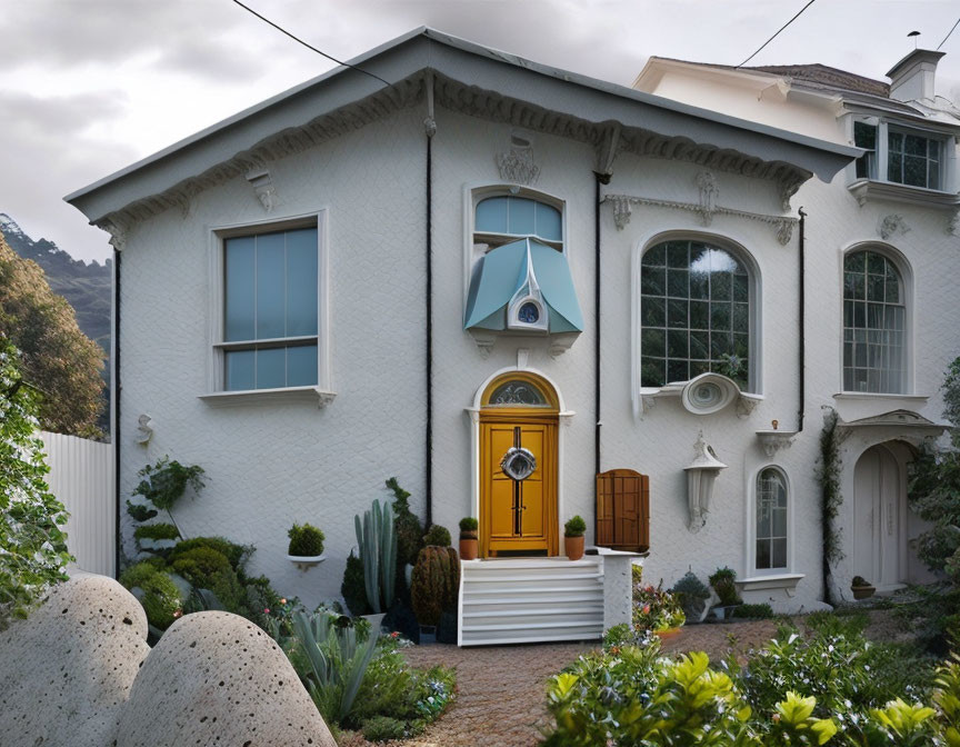 Quaint two-story house with blue and orange front door and circular windows surrounded by greenery and rocks