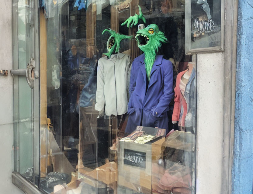 Display Window with Mannequins: Green Monster Suit & Vintage Clothing