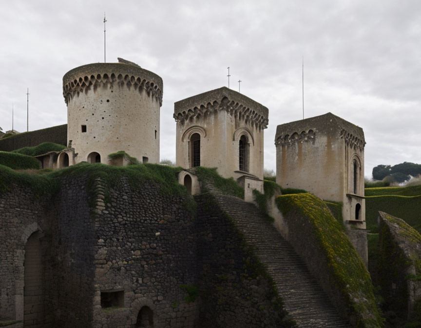 Medieval fortress with round towers and stone stairway in cloudy sky amid lush greenery