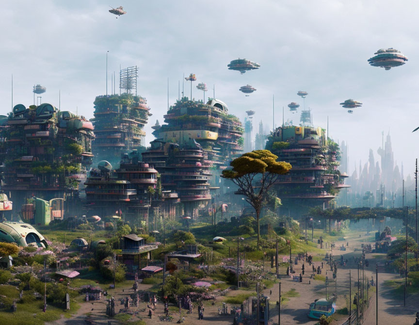 Futuristic cityscape with green skyscrapers and flying vehicles