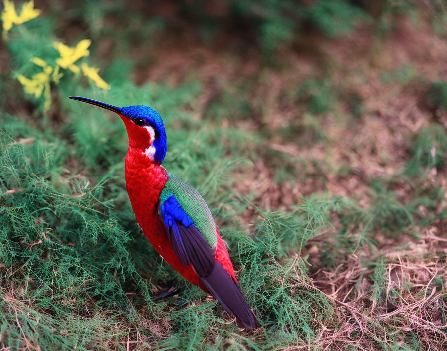 Colorful Red Bird with Blue Head and Green Wing Feathers on Foliage