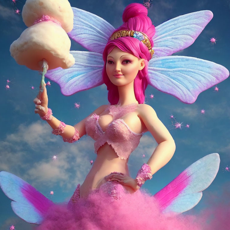 Whimsical pink fairy with cotton candy in 3D illustration