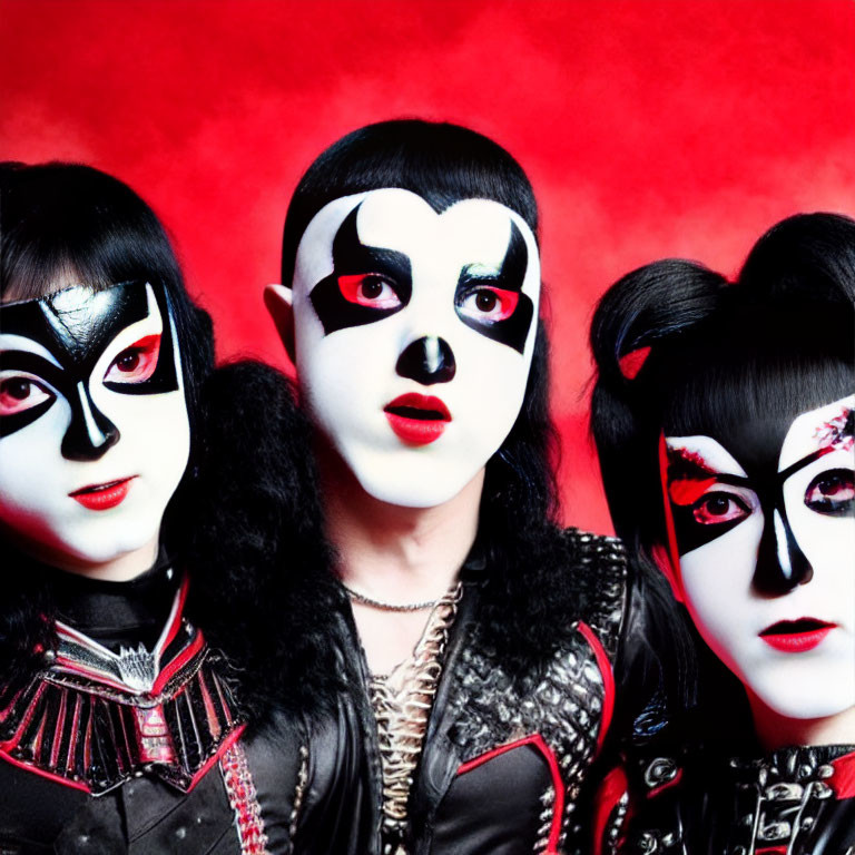 Three individuals in Kabuki-inspired makeup and costumes on red background