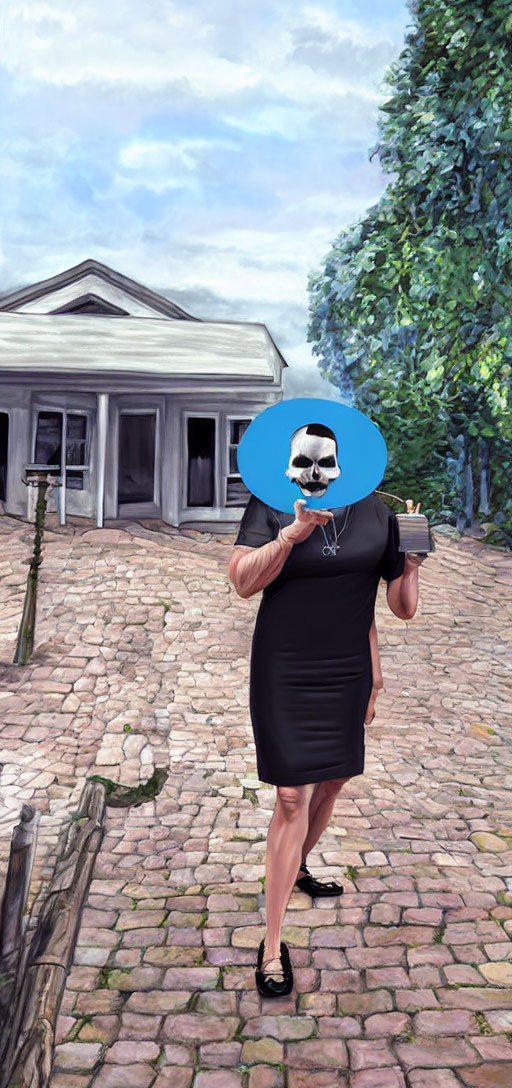 Person in black dress holding skull on cobblestone path with house in background