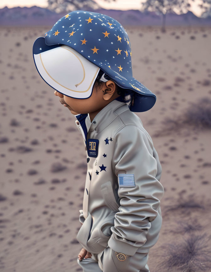 Child in star-patterned helmet and beige jacket in desert setting.