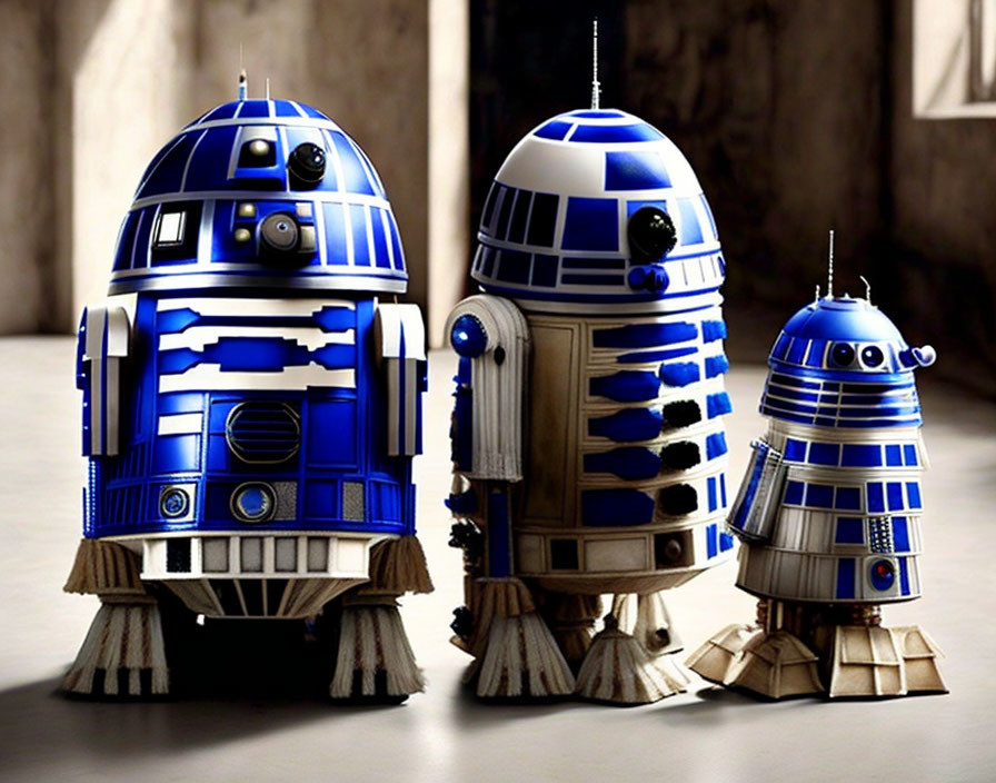 Three blue and white droid figures in room setting