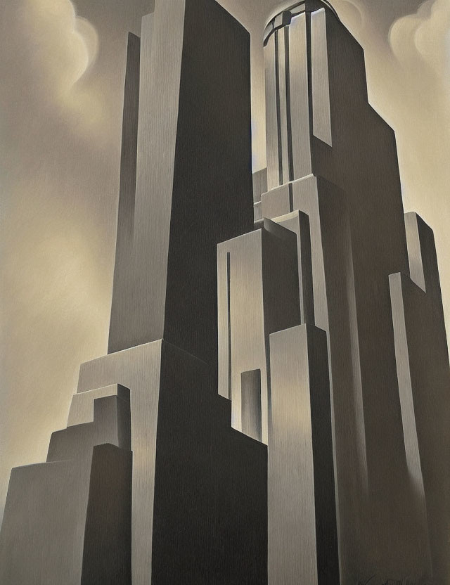 Geometric skyscrapers in art deco style with contrasting light and shadow