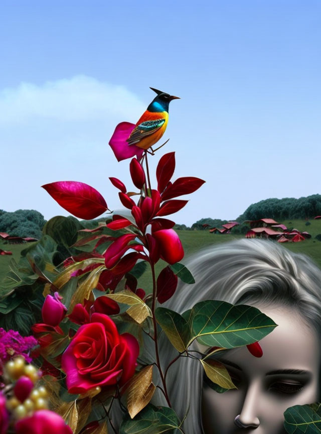 Colorful Bird on Red Blossoms with Woman's Face in Meadow Scene