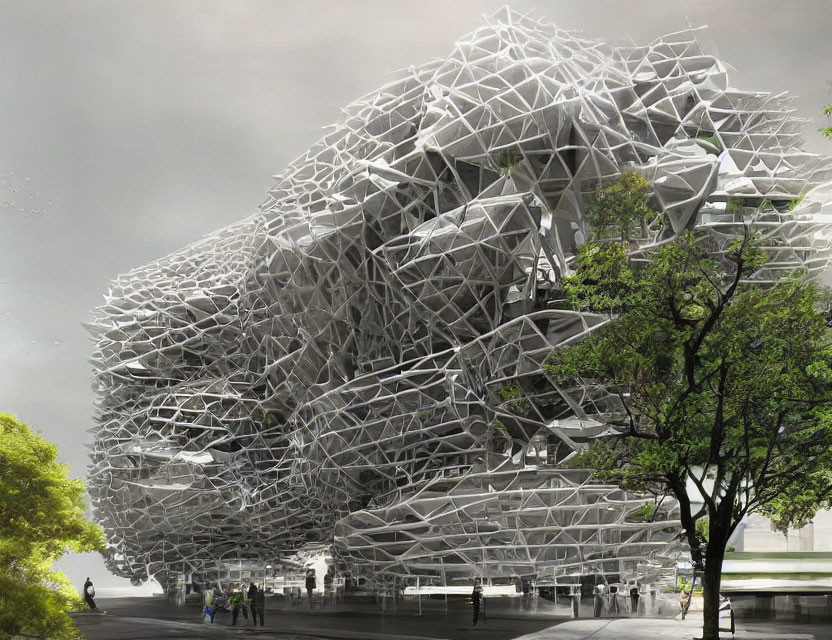 Modern geometric building in green landscape with pedestrians on overcast day