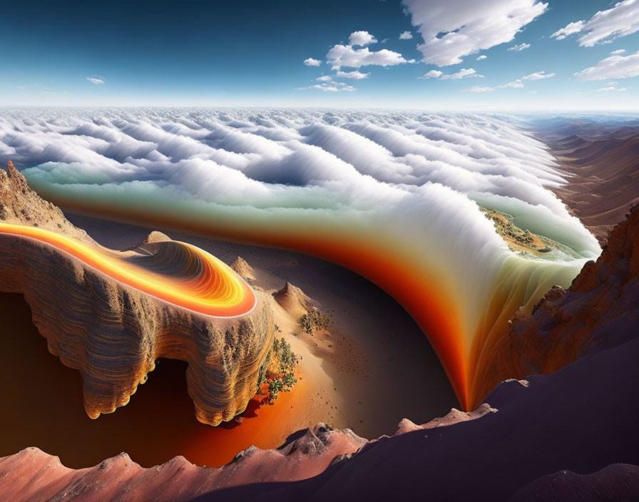 Surreal landscape: Orange river, waterfall, canyon, cloud-covered sky