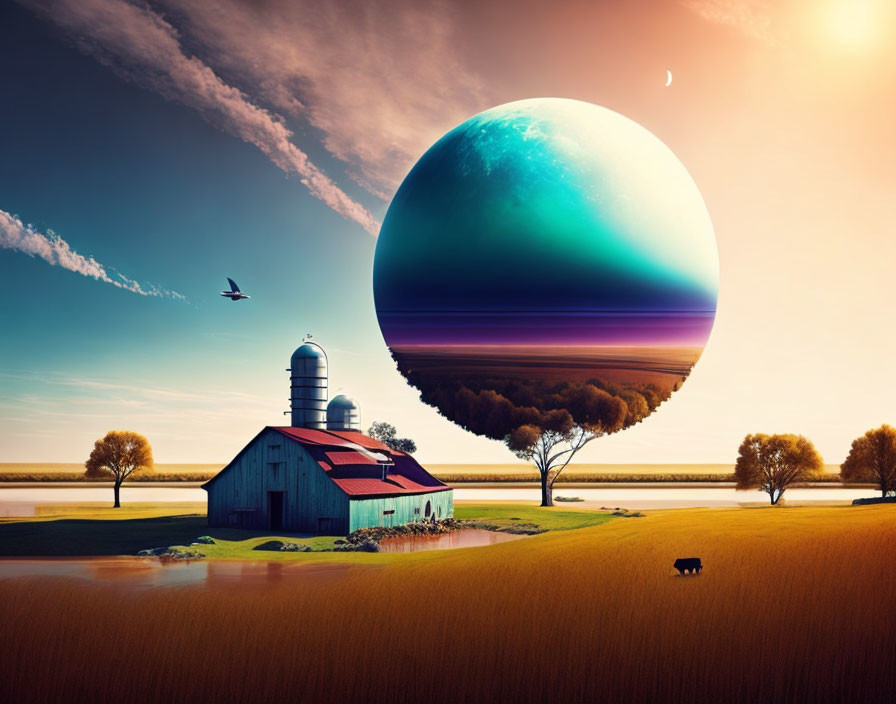 Tranquil countryside scene with barn, cow, and surreal striped planet