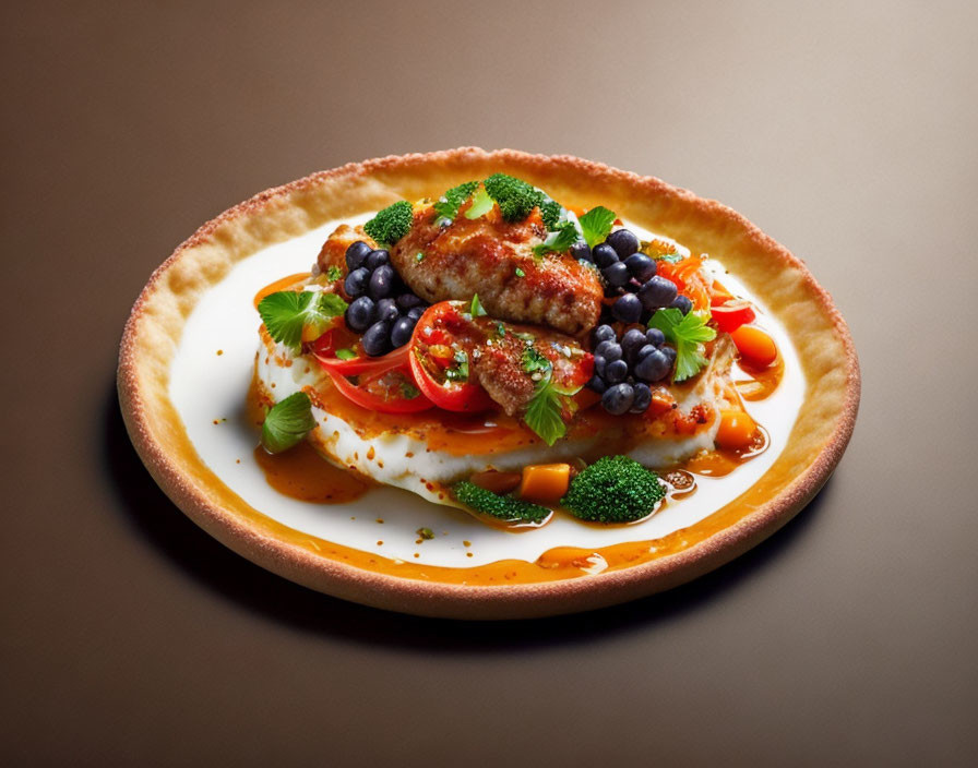 Sausage, Blueberry, Broccoli, Tomato Gourmet Dish on Circular Plate