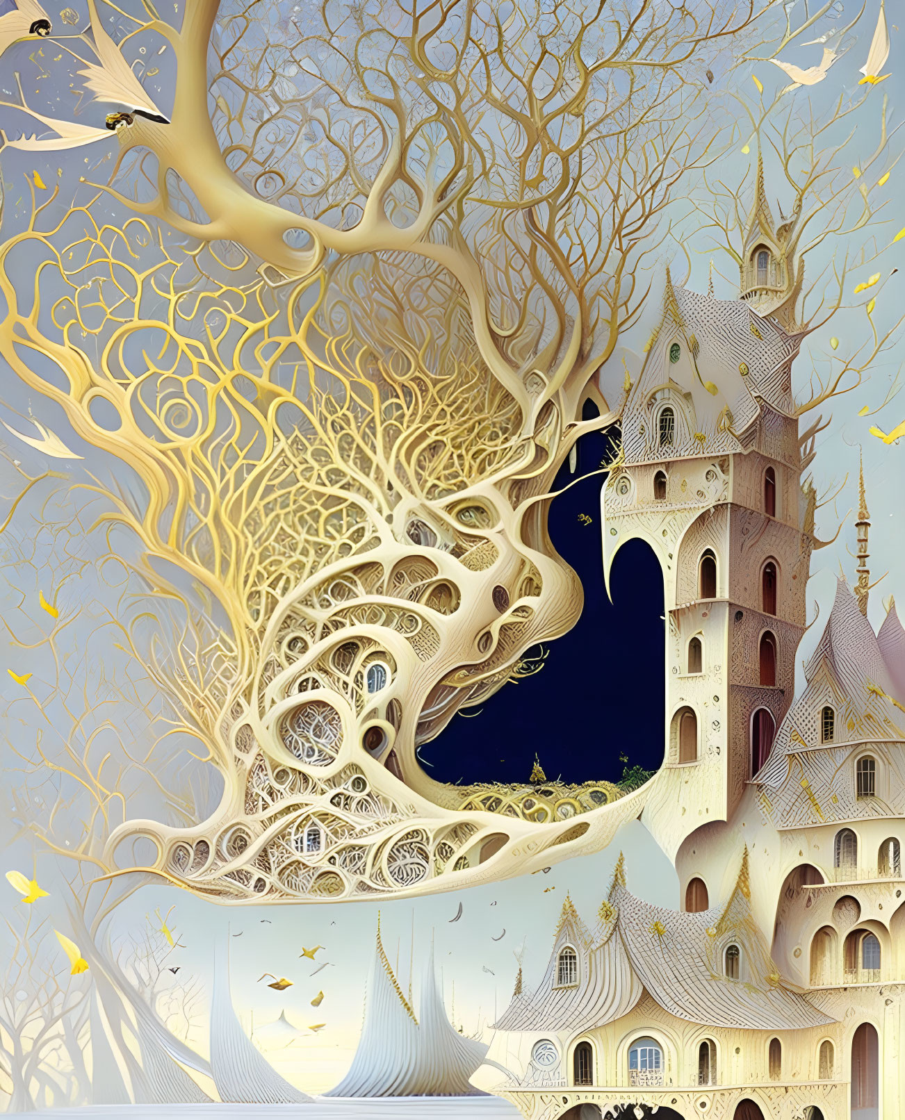 Fantastical castle intertwined with golden tree branches under starry sky