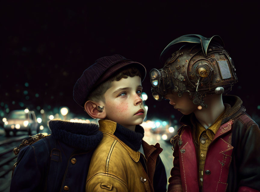 Vintage Attired Children Share Close Moment Against City Lights Background