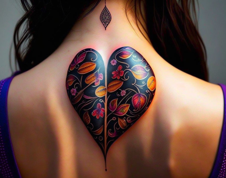 Colorful Heart-Shaped Floral Tattoo on Woman's Back