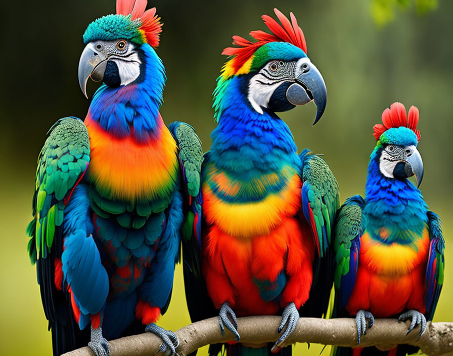 Colorful Macaws Perched on Branch with Vibrant Plumage