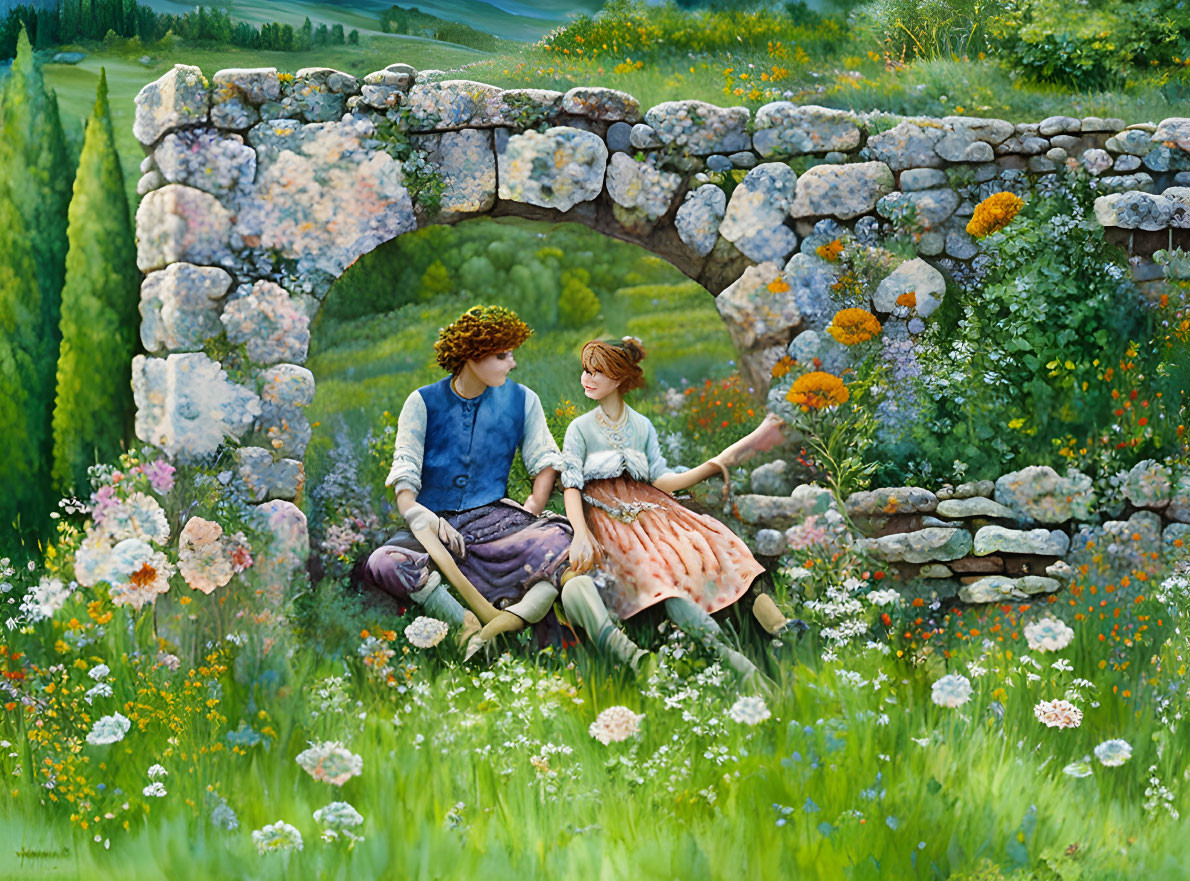 Two people conversing on ancient stone wall in lush meadow